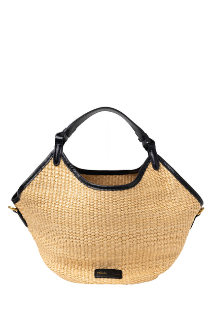 Khaite Lotus Natural Raffia and Black Leather Bag